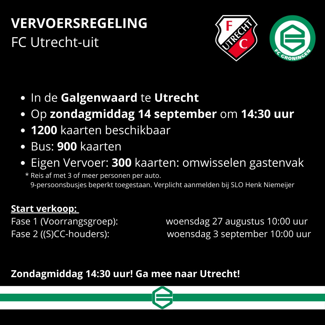 Utrecht-uit komt eraan.

Een goed en tof uitvak vorig seizoen wordt beloond: dit seizoen Eigen Vervoer in plaats van Autocombi, dus omwisselen bij het uitvak en niet onderweg!

1.600 kaarten totaal, waarvan 300 EV 🚗

Ga mee naar de Domstad! 💚

#fcgroningen #utrgro