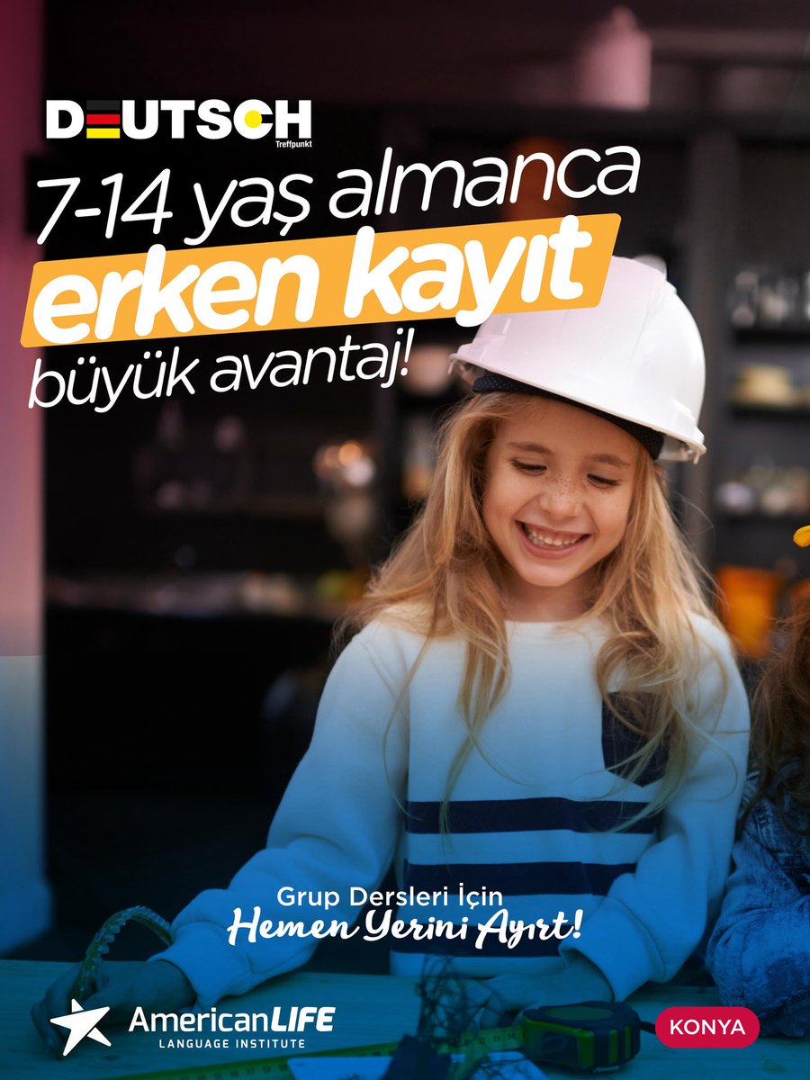 📚 7-14 yaş çocuklar için Almanca fırsatı!
Erken kayıt avantajlarını kaçırma, çocuğuna geleceğin kapılarını aç! 🚀
👉 Grup derslerinde kontenjanlar sınırlı!
📍 American LIFE Konya