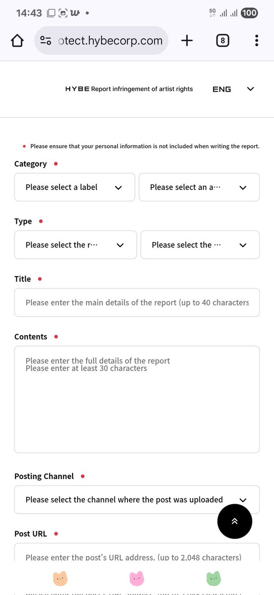 ตอนนี้ทางบีลีฟได้เปลี่ยนช่องทางใหม่ในการรายการเกี่ยวการละเมิด การเฟคนิวส์ใสศิลปินในเว็บไซต์นี้แล้วนะคะ เอนจีนคนไหนพบเจอใครที่โพสต์ไม่ดีเกี่ยวกับเอนไฮเพนสามารถเข้าไปแจ้งในเว็บนี้ได้เลย ง่ายมาก
protect.hybecorp.com