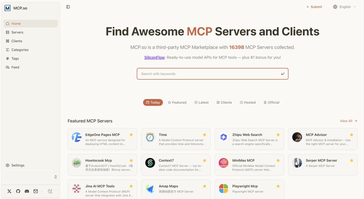 MCP.so just crossed 16,000 MCP services — the largest marketplace worldwide.

Next up: refining recommendations so it’s not just the biggest, but the most effective.

The best MCP marketplace is on the horizon.