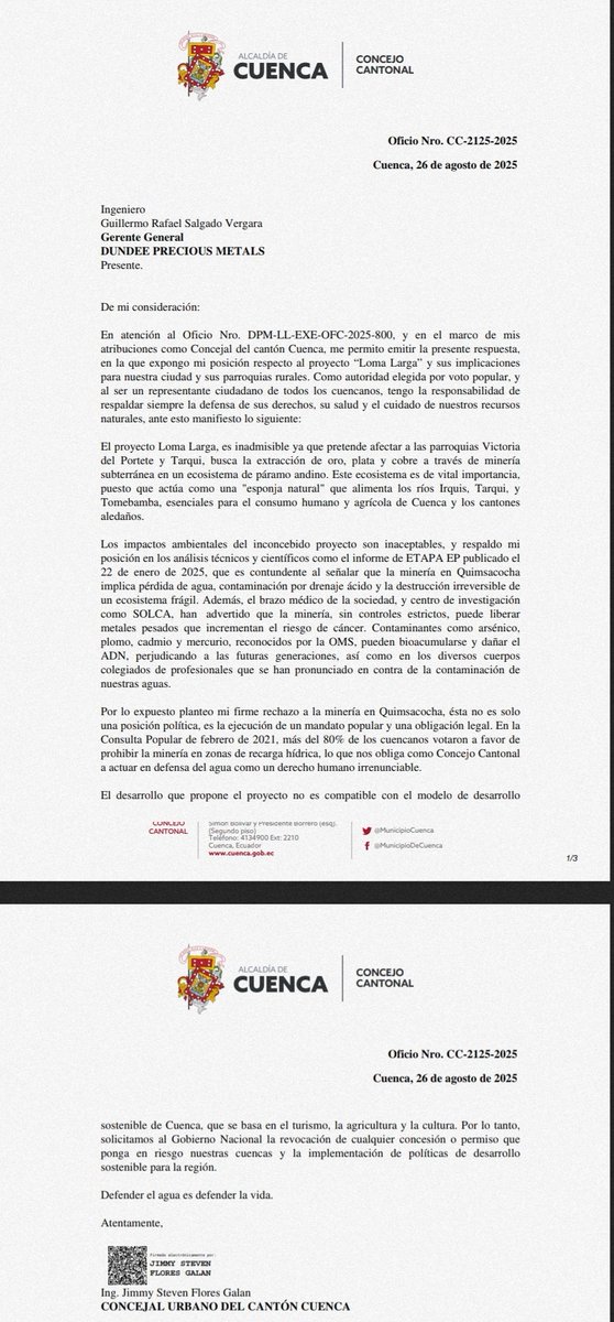 🌱 ¡Siempre firmes por el agua y la vida!
En mayo 2024 acompañamos la marcha ciudadana contra la minería en páramos y fuentes hídricas.
👉facebook.com/share/r/1CrpE9…
Mi respuesta al Gerente de Dundee Precious Metals fue clara:
💧💧💧🏞️✨💧💧💧
<a href="/tomebamba/">La Voz del Tomebamba</a>
#CuencaSinMinería