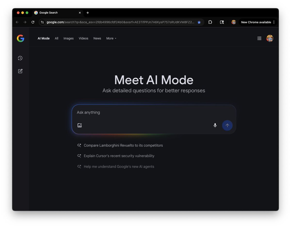 EricSimons's tweet image. wth?! just got a noti to try this google ai mode thing and it is INSANELY good. like, i have stopped using chatgpt almost entirely good

i dont understand how nobody is talking about this

and all i can find is some tiny press release from 5 days ago about it??!? what!?!?!?