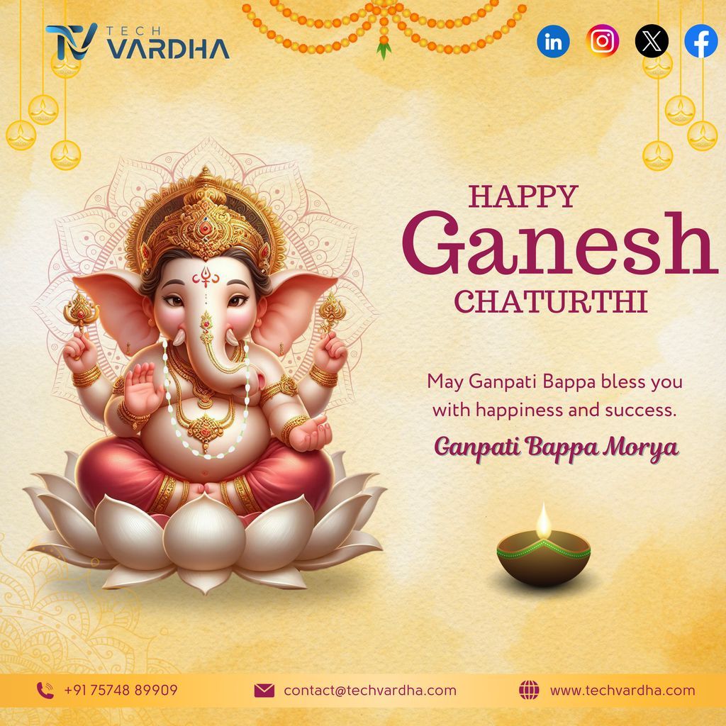 TechVardha's tweet photo. ✨ Happy #GaneshChaturthi ✨
May Lord Ganesha bless you with wisdom, happiness &amp; prosperity. 🌸
🙏 Ganpati Bappa Morya! 🙏

#GaneshChaturthi #GanpatiBappaMorya #HappyGaneshChaturthi #GaneshUtsav #GanpatiFestival #IndianFestivals #Blessings #Positivity https://t.co/vzOv6rsfic
