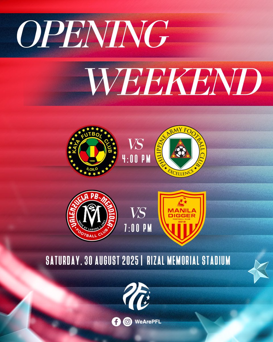 Philippines Football League (@wearepfl) on Twitter photo ๐
 Opening Weekend is HERE! Saturday football is back at Rizal Memorial Stadium with a fiery double-header! โฝ๐ฅ
๐ 4PM โ Kaya FC ๐ Philippine Army FC
๐ 7PM โ Valenzuela PB Mendiola ๐ Manila Digger
Catch all the action LIVE on PFL YouTube! ๐ฅ
#WeArePFL ๐
 Opening Weekend is HERE! Saturday football is back at Rizal Memorial Stadium with a fiery double-header! โฝ๐ฅ
๐ 4PM โ Kaya FC ๐ Philippine Army FC
๐ 7PM โ Valenzuela PB Mendiola ๐ Manila Digger
Catch all the action LIVE on PFL YouTube! ๐ฅ
#WeArePFL