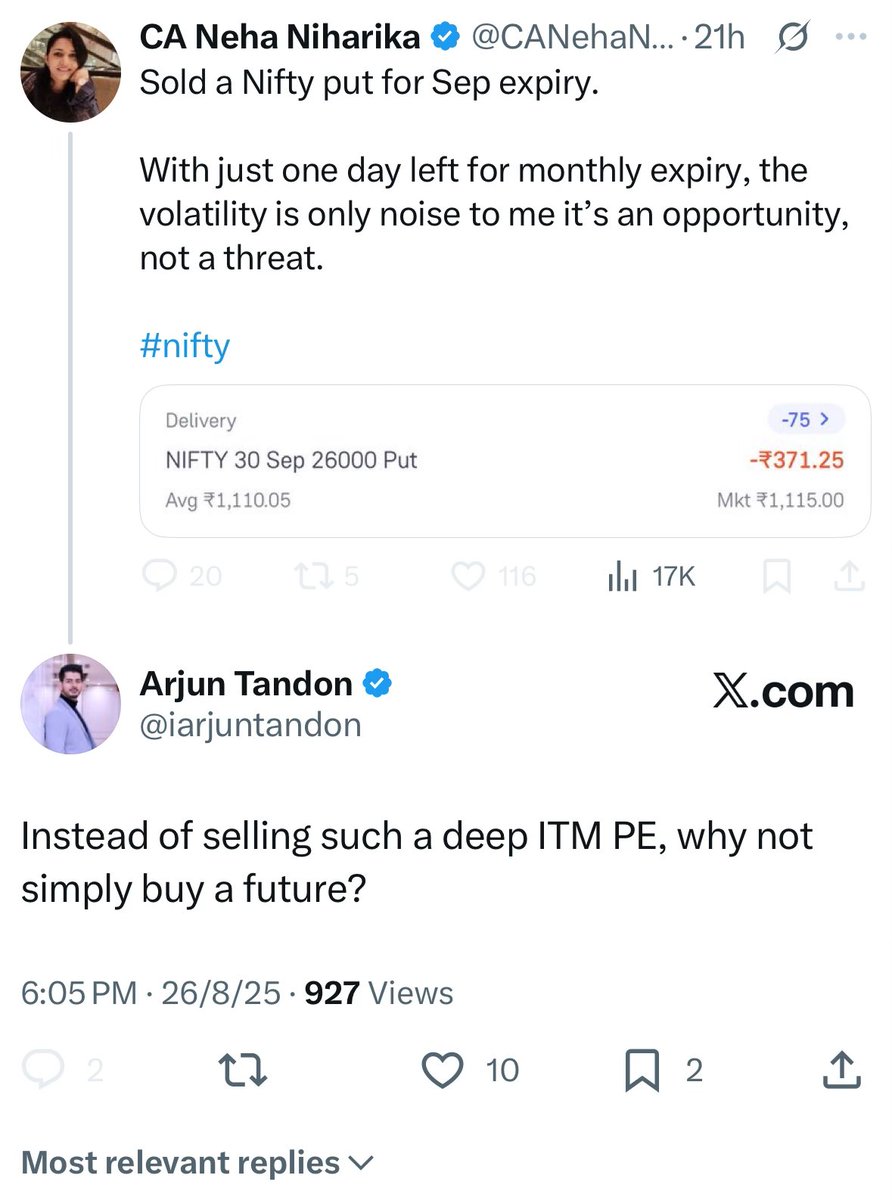 I am blocked by didi but let’s breakdown this trade and compare what’s best for a directional trade 👇

1. Buy future
2. ITM put sell
3. ITM call buy

🧵