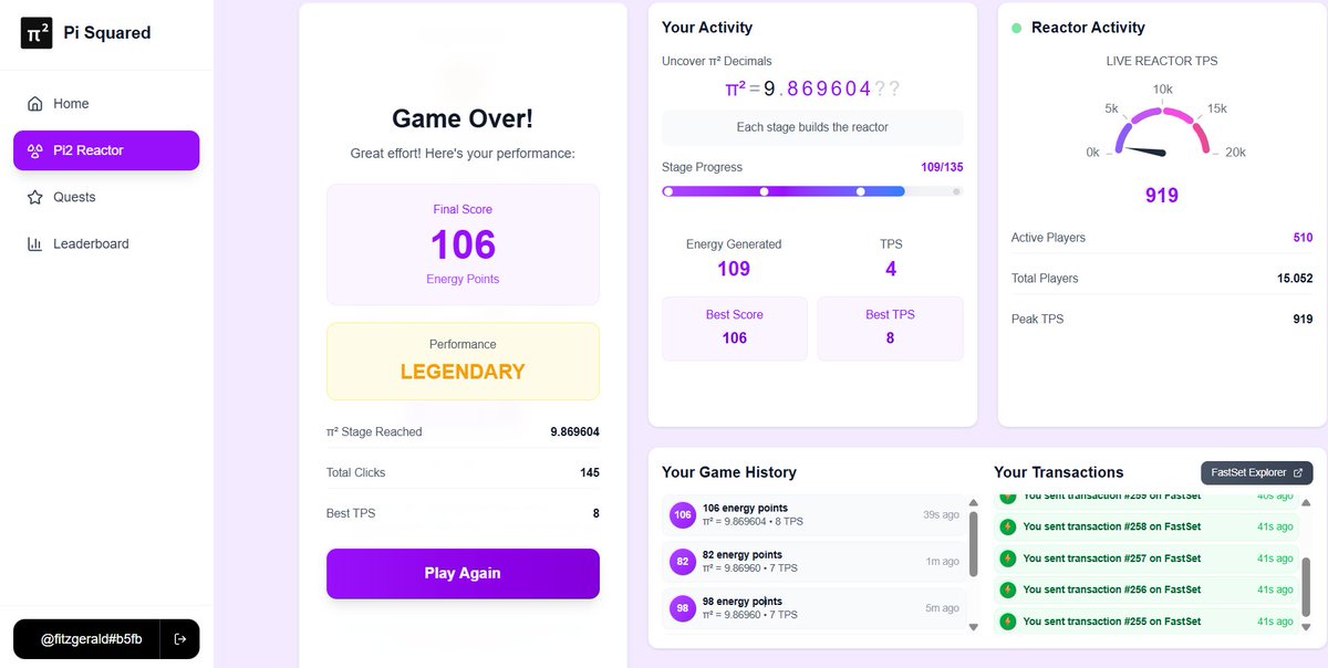 fitzg3rald_eth's tweet image. LEGENDARY performance unlocked🔥 
106 energy points in Pi2 Reactor Game! 
Think you can beat this LEGENDARY status? @Pi_Squared_Pi2  

#ReactorGame #LegendaryPlayer #Pi2Network