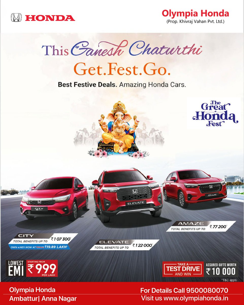 Celebrate Ganesh Chaturthi with Olympia Honda! 🥳🚗 Get ready for amazing festive deals and bring home your dream car. ✨ Take a test drive and you could win assured gifts! 🎁