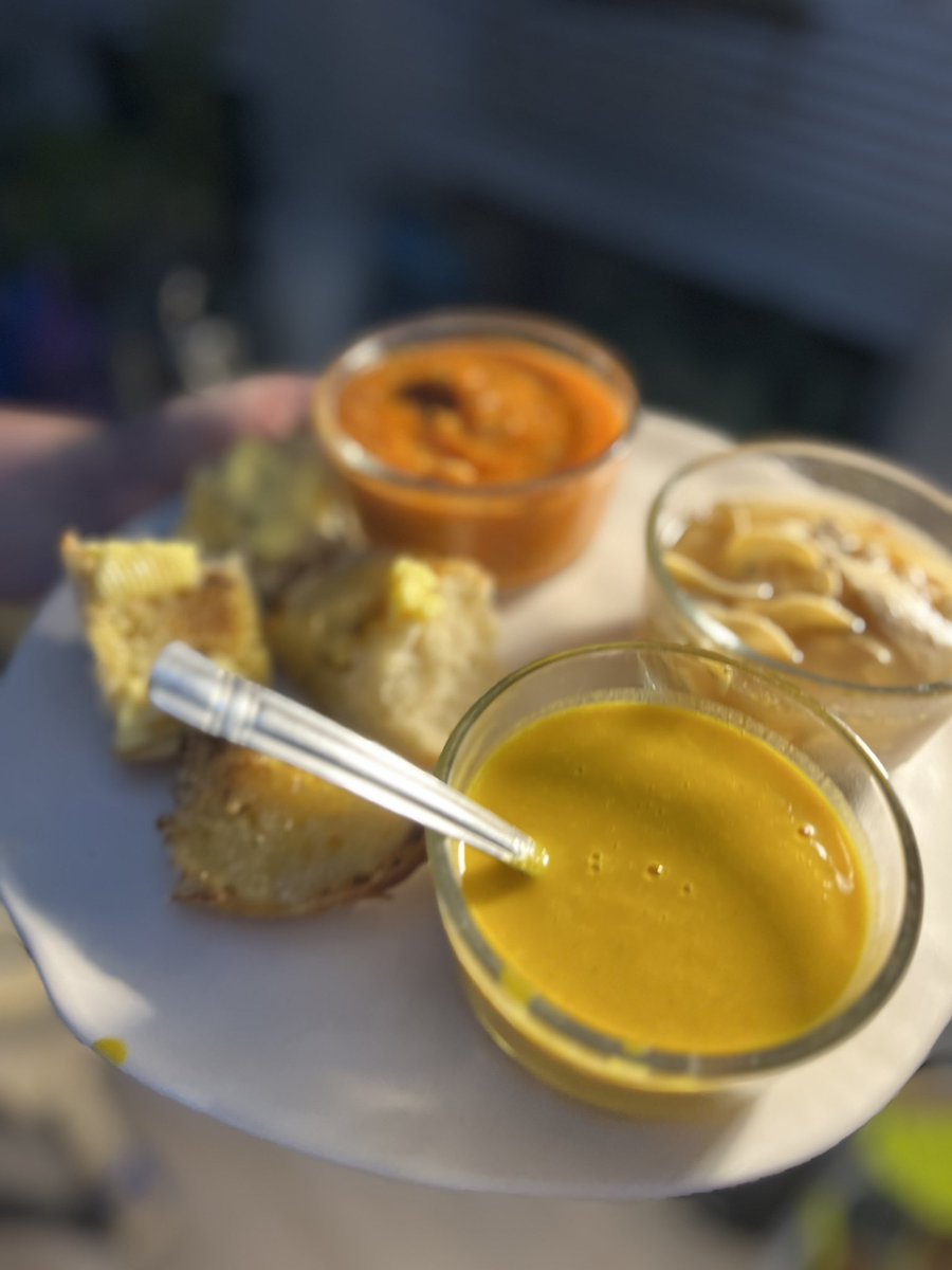 First cold night in a while so you know what that meand. SOUP FLIGHT. Pumpkin, chicken and lasagna soup with crusty buttery bread.