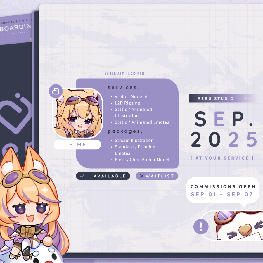 【 Sept Work Availability 】
— Opening » 1 - 7 Sept 1200 PDT

Fast, reliable and known for her simple but effective models, powerhouse L2D modeller <a href="/himechui/">Hime 🌸 | aeru studio</a> is opening soon! 🌸

「 Services 」
▸ Model Art | Illust
▸ L2D Rigging
▸ Emotes

💜 Begin preparing your Request Forms!