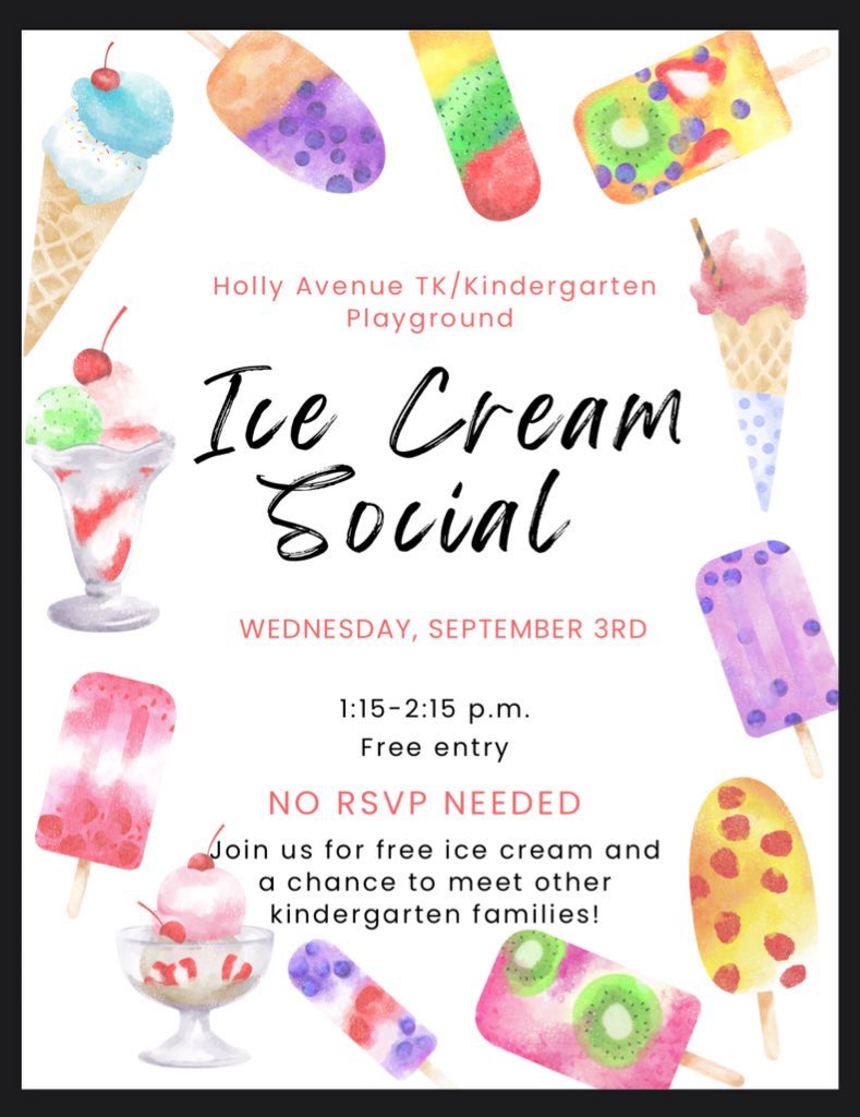 Are you a parent of a TK-er or Kindergartner?🍦If the answer is yes, mark your calendars now and come on out to mingle! 

🍨Kindergarten: September 3rd 1:15-2:15
🍧TK: September 8th 2:30-3:30
<a href="/toaklandAUSD/">Teresa Oakland</a> <a href="/PintoBeanz11/">Christine Pinto</a> <a href="/K_Albarian/">Kristina Albarian</a> <a href="/ArcadiaUnified/">Arcadia Unified</a> <a href="/HollyAvePTA/">HollyAvePTA</a> <a href="/KinderKeating/">Cassidy Keating</a>