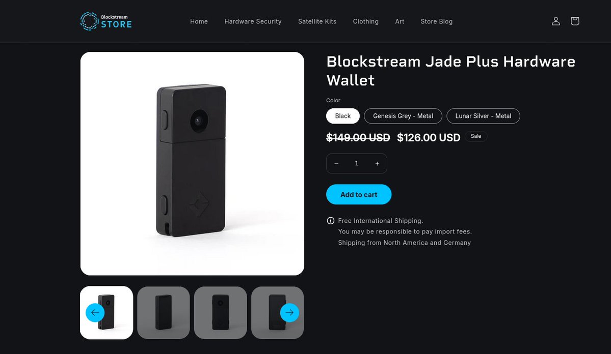 Maximus Maximalistus (@maximalistus) on Twitter photo ⚠️Promo⚠️
Bitcoin wallet, Blockstream Jade Plus is running a promo.
Get the Jade Plus Plastic at $126. 🥳🥳
Down from $149. 🫰🫰
This promo only applies to the Jade Pus Plastic.
And you can get more 10% off with coupon "maximus"
👇👇
store.blockstream.com/discount/maxim…
<a href="/BlockstreamJade/">Blockstream Jade</a> ⚠️Promo⚠️
Bitcoin wallet, Blockstream Jade Plus is running a promo.
Get the Jade Plus Plastic at $126. 🥳🥳
Down from $149. 🫰🫰
This promo only applies to the Jade Pus Plastic.
And you can get more 10% off with coupon "maximus"
👇👇
store.blockstream.com/discount/maxim…
<a href="/BlockstreamJade/">Blockstream Jade</a>