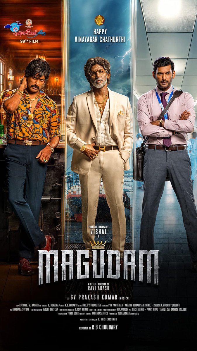 LetsKollywood's tweet image. Presenting the FIRST LOOK of the electrifying @VishalKOfficial’s #MAGUDAM ⚓

Wishing everyone a joyful Vinayagar Chaturthi! 🐘🌼✨

#MAGUDAMFirstLook

A @gvprakash Musical! 🎼

#MAKUTAM #மகுடம் #Vishal35