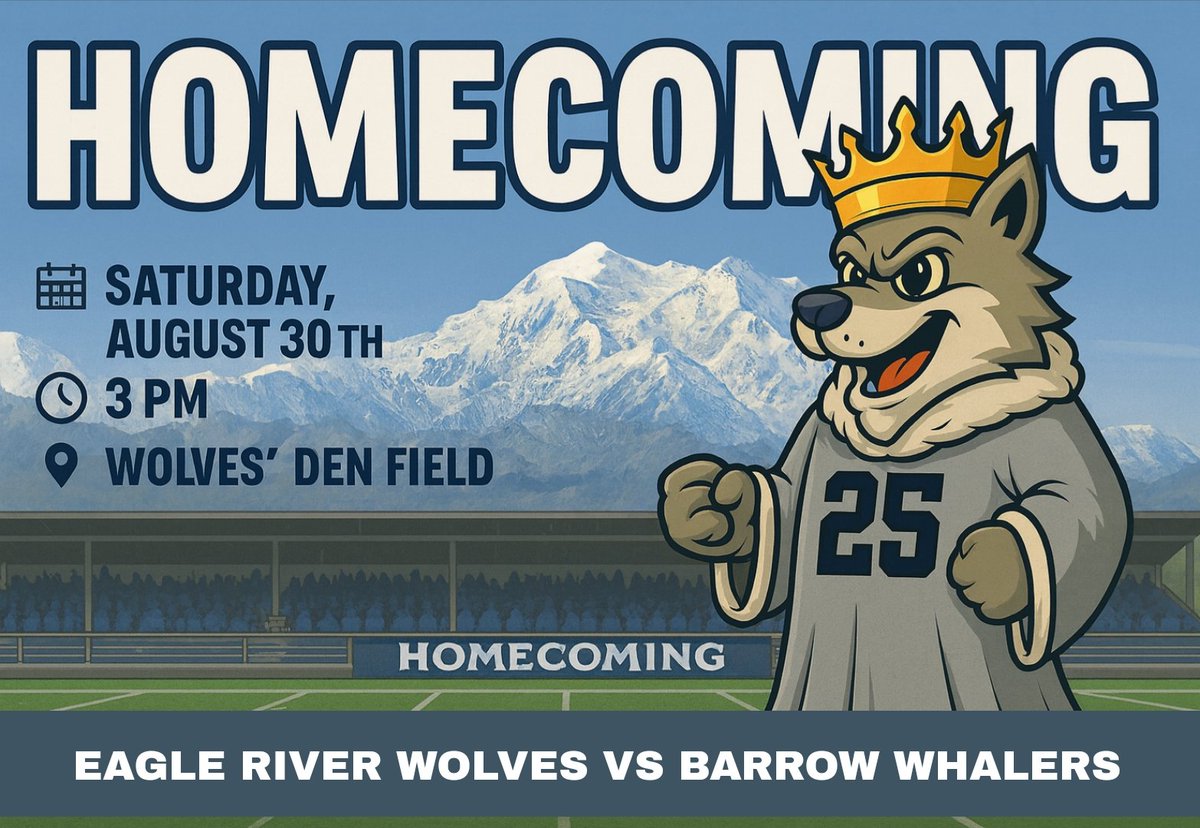 ERHSWolvesFB's tweet photo. 🏈🐺 HOMECOMING GAME 🐺🏈

Join us this Saturday, August 30th at 3 PM at Wolves’ Den Field as the Eagle River Wolves take on the Barrow Whalers! 💪🔥

Let’s pack the stands, show our Wolf Pack pride, and cheer on the Wolves as they defend the Den! 🏟️💙🤍

#Homecoming #GoWolves https://t.co/0QfgbuIFgI