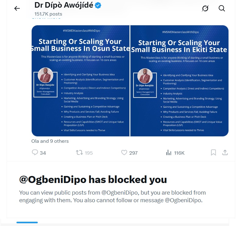 Hon. Kelechi DonPido (@kmbiamnozie) on Twitter photo I wonder what could have made my intellectual brother, <a href="/OgbeniDipo/">Dr Dรญpรฒ Awรณjรญdรฉ</a>, block me. Iโve always enjoyed his encounters and submissions. Yes, we may disagree from time to time, but thatโs the beauty of discourse. Perhaps my words caused him some sleepless moments; if so, then maybe Iโve I wonder what could have made my intellectual brother, <a href="/OgbeniDipo/">Dr Dรญpรฒ Awรณjรญdรฉ</a>, block me. Iโve always enjoyed his encounters and submissions. Yes, we may disagree from time to time, but thatโs the beauty of discourse. Perhaps my words caused him some sleepless moments; if so, then maybe Iโve