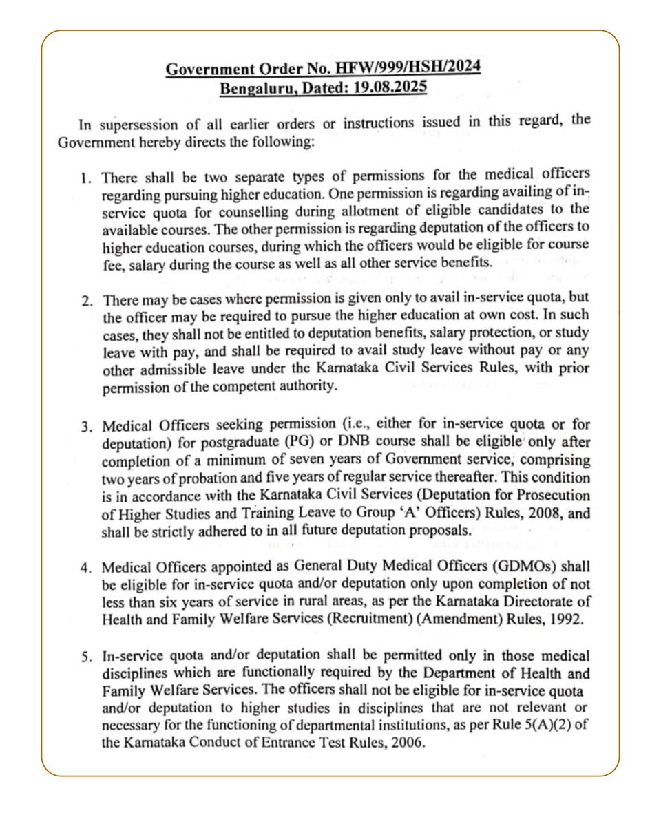 Indian__doctor's tweet image. #Karnataka Govt Order regarding the Deputation of Medical Officers for PG &amp;amp; SS( #Inservice quota), Procedural Guidelines &amp;amp;  Eligibility Criteria
Check Details;

In-service quota and deputation for Ss courses (DM, MCh, recognized fellowships) not permitted.⤵️
#MedTwitter