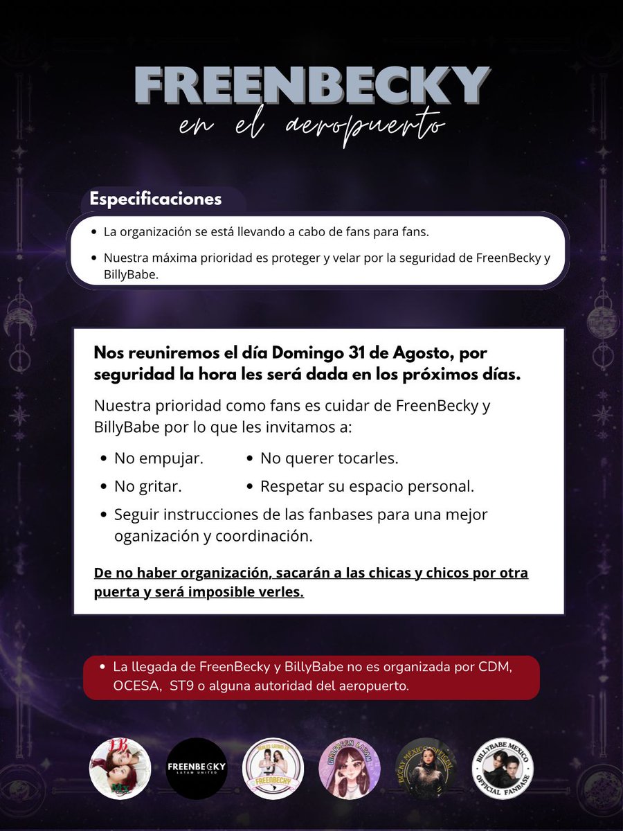 FreenBecky en el Aeropuerto ✈️

🗓️ Fecha: 31 de agosto
⏰ Hora: Será anunciada en los próximos días por motivos de seguridad.

✨ Queremos recordar que la bienvenida de fans no está siendo organizada por CDM, OCESA, ST9 ni por las autoridades del aeropuerto. La información