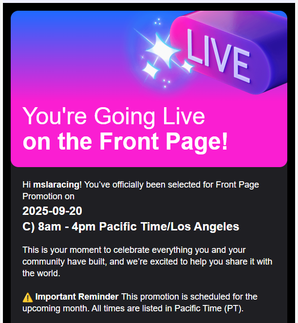 MSLARacing's tweet photo. MSLA will be back on the Front Page of Twitch on Saturday September 20th from 8am to 4pm PT!!!!
#MSLA #GetInvolved @Twitch #FrontPage https://t.co/U5VpLm4lc8