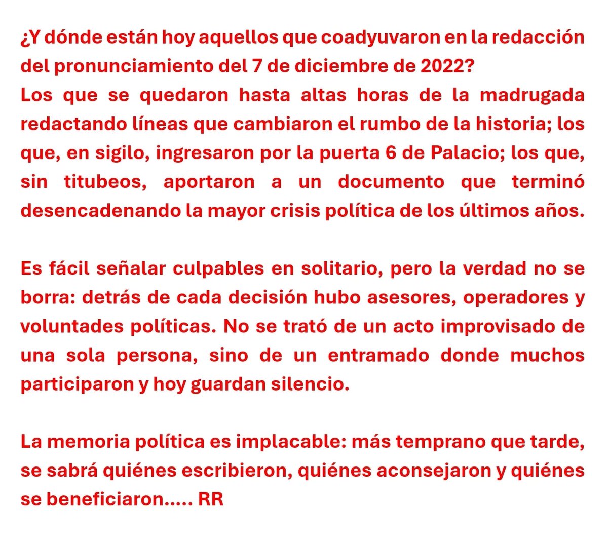 RichardRojasGar's tweet photo. @raul_olaechea ¿Y dónde están los que coadyuvaron en la redacción del pronunciamiento del 7/12/22?
Los que se quedaron hasta la madrugada, los que entraron por la puerta 6 de Palacio.
Hoy guardan silencio, pero la memoria política no olvida.
@willaxtv 
@RPPNoticias 
@Latina_Noticias 
@IDL_R https://t.co/KIaCBcFq0A