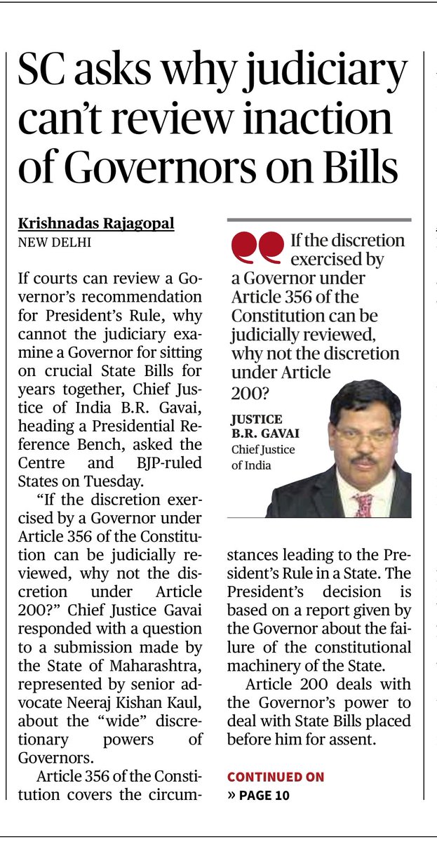 punitjuneja's tweet image. All discretions, whether exercised or not, if tainted by malafides, must be open to judicial review. A Governor’s powers and discretion cannot remain unfettered by constitutional accountability.
#PresidentReference #Governor #PendingBills #TimeLine #SupremeCourt