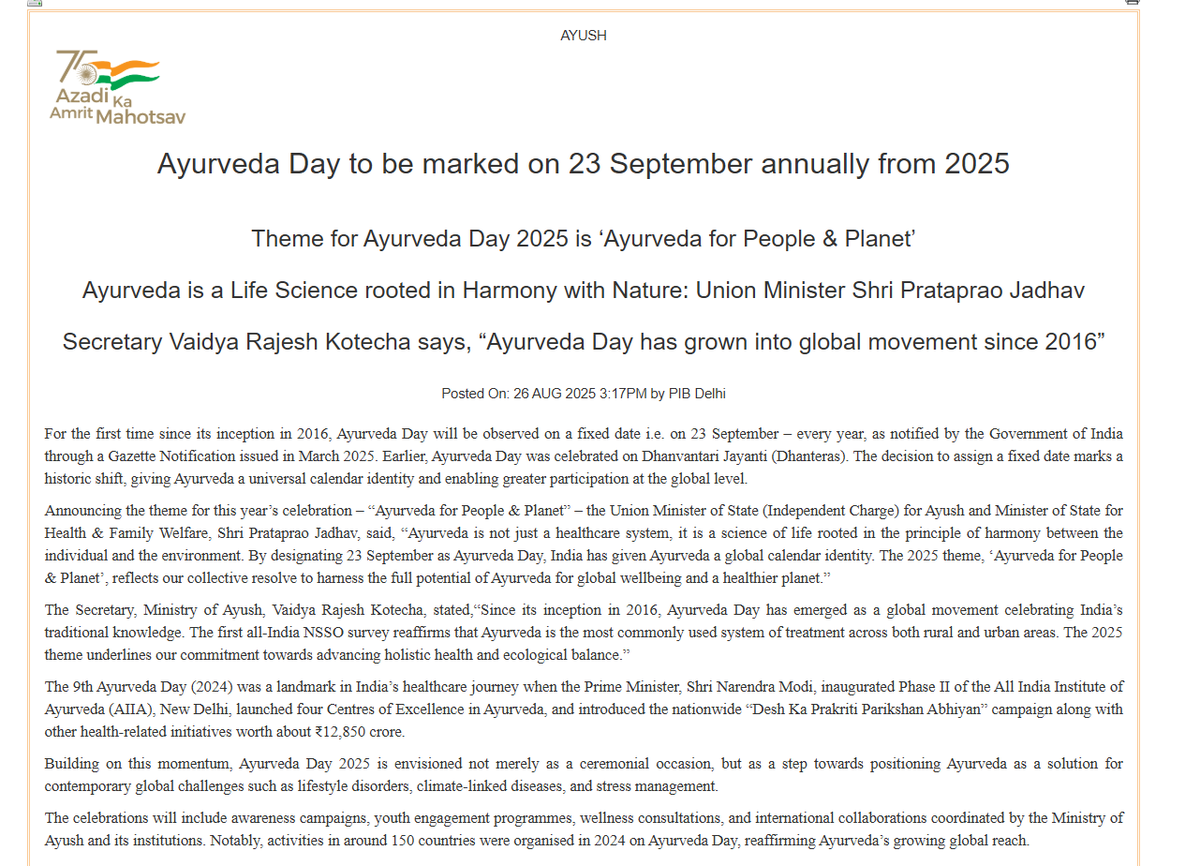 anandayubhu's tweet photo. Authoritative Augmentation-Ayurveda Day to be marked on 23 September annually from 2025 ‘Ayurveda for People &amp; Planet’ Ayurveda is rooted in Harmony with Nature:Minister Shri Jadhav ,Secretary Vaidya Kotecha says,“Ayurveda Day has grown into global movement since 2016” @PMOIndia https://t.co/73uJKP8Ige