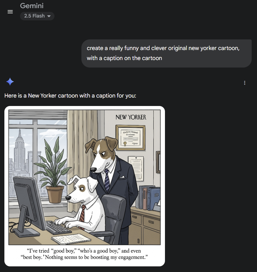 emollick's tweet image. Gemini 2.5 Flash creates an actually mildly amusing New Yorker cartoon. (As far as I can tell, this is the first time that this joke has been used)