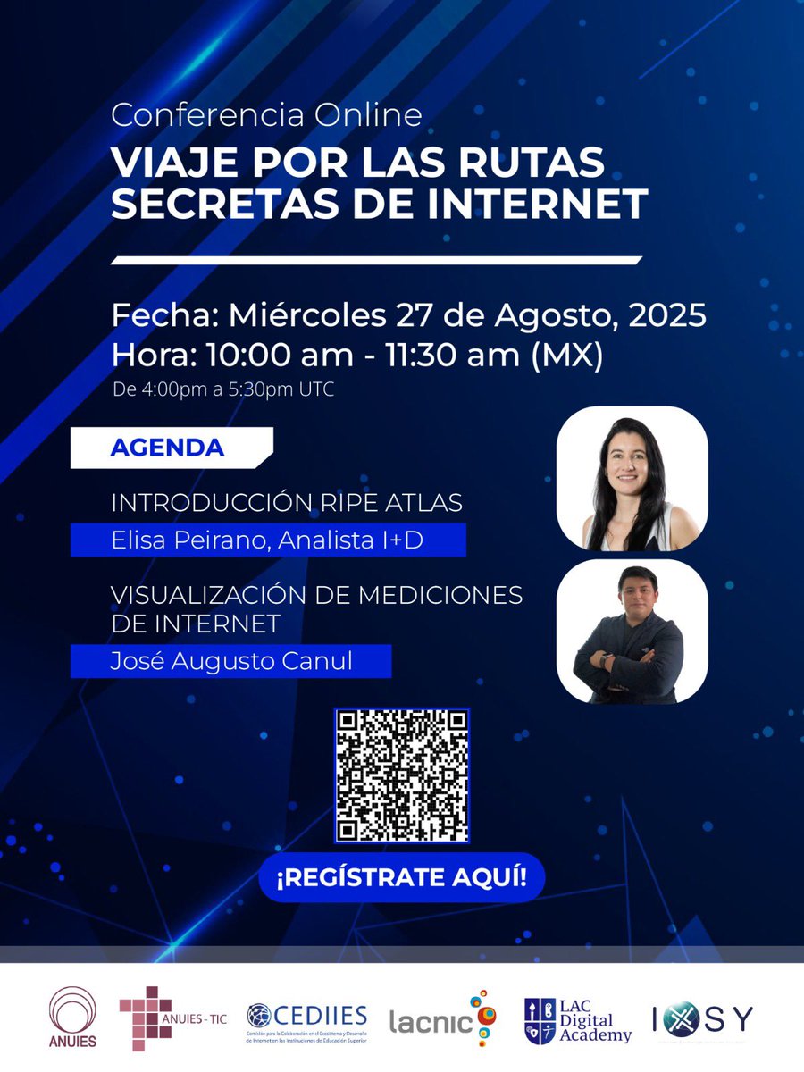 ⏰ ¡No lo olvides!
Mañana es nuestro Webinar: RIPE Atlas – Viaje por las rutas secretas de Internet 🌍🚀

💡 Descubre cómo viajan los datos en Internet y cómo las mediciones de RIPE Atlas nos ayudan a entender la conectividad en América y el mundo.