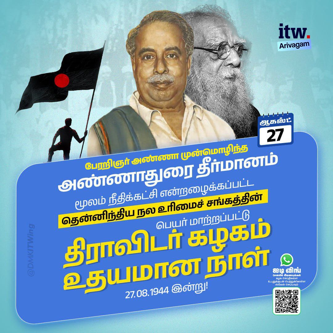 பேரறிஞர் அண்ணா முன்மொழிந்த அண்ணாதுரை தீர்மானம் மூலம் நீதிக்கட்சி என்றழைக்கப்பட்ட தென்னிந்திய நல உரிமைச் சங்கத்தின் பெயர் மாற்றப்பட்டு திராவிடர் கழகம் உதயமான நாள் இன்று 

#DMKITWING_ARIVAGAM