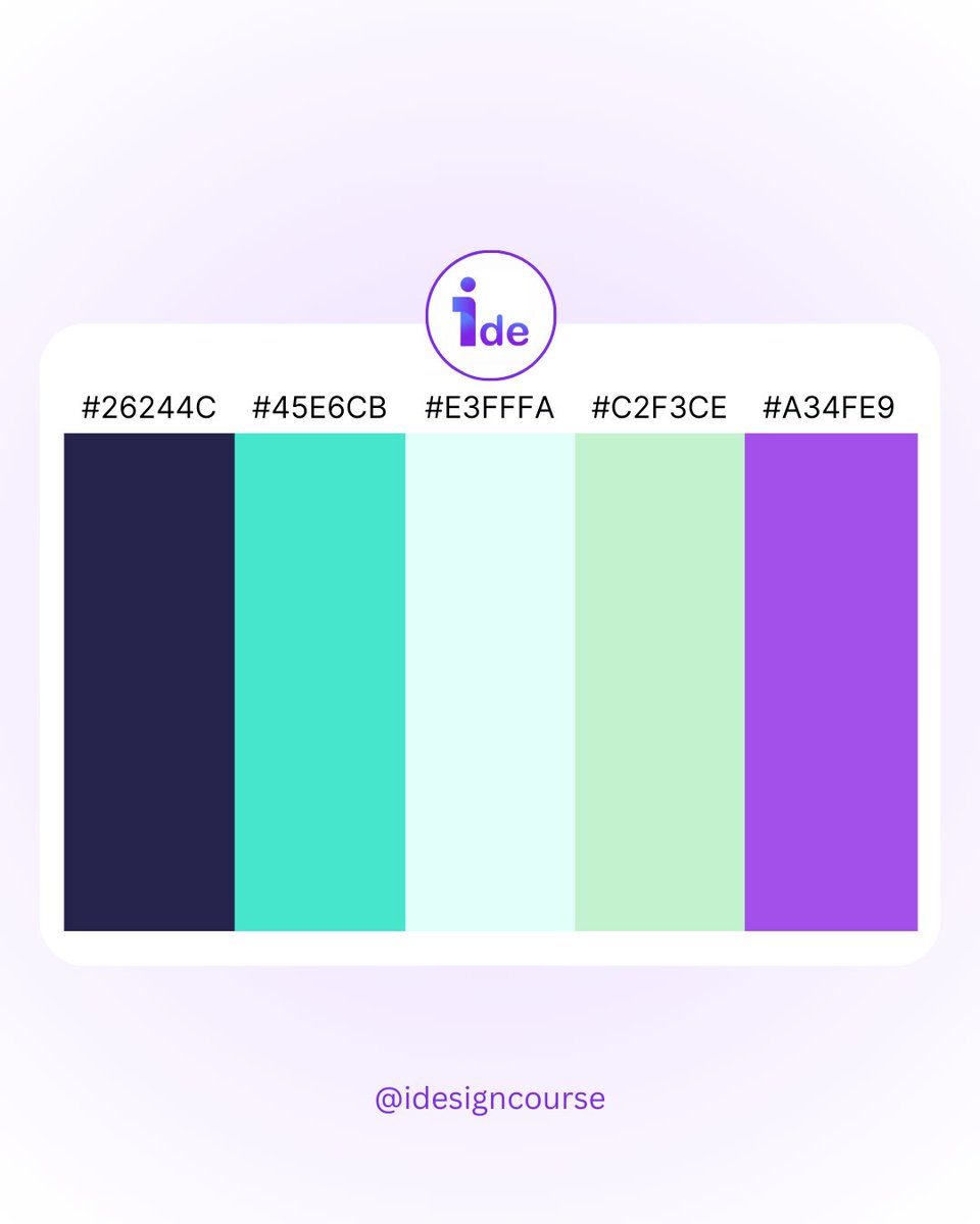 CourseIdesign's tweet image. 🌌 Bold meets calm: 26244C | 45E6CB | E3FFFA | C2F3CE | A34FE9 🎨
A palette where mystery, freshness, and imagination collide—perfect for designs that feel both modern &amp;amp; alive. ✨

#ColorPalette #DesignInspo #CreativeVibes #iDesignCourse