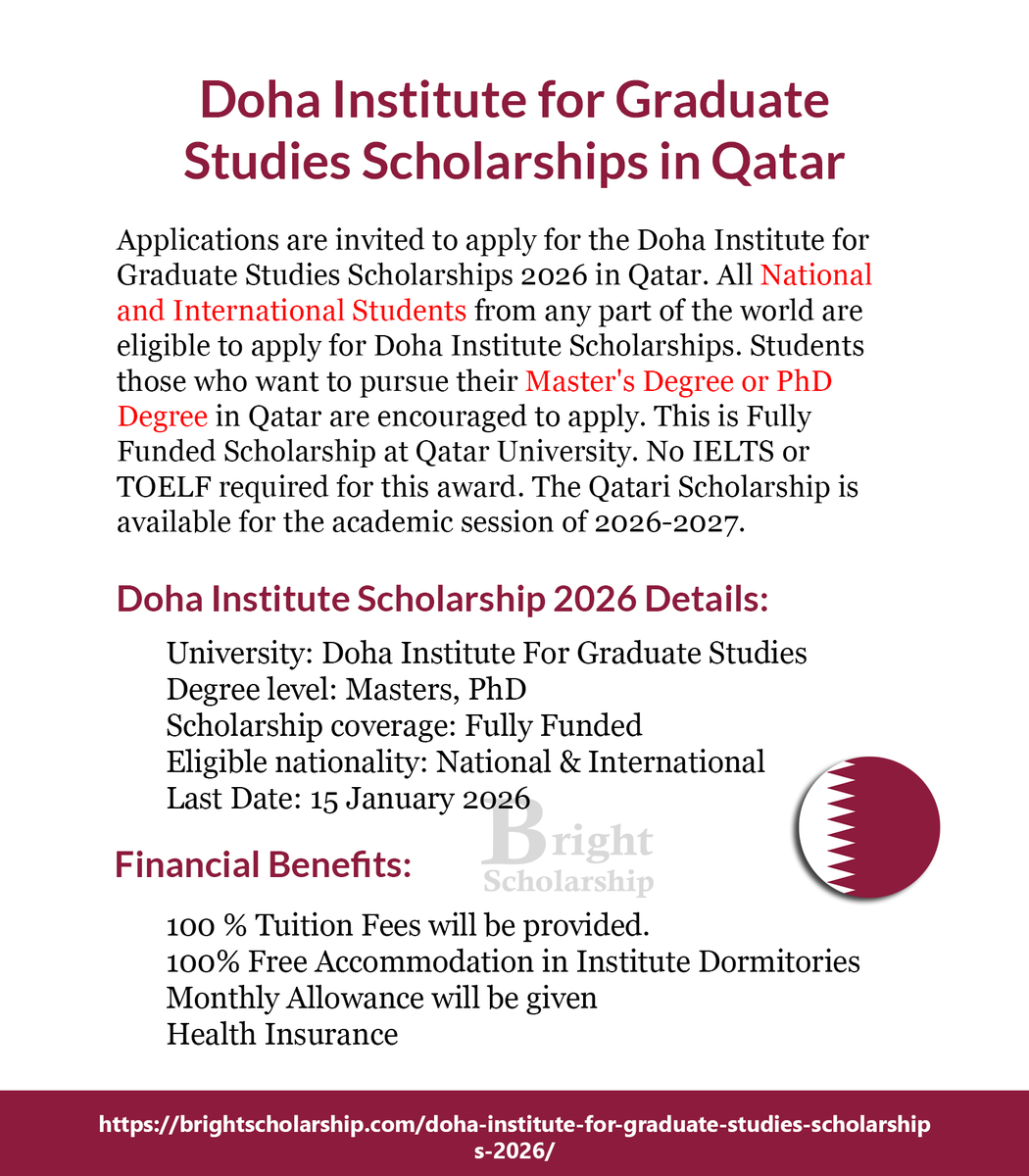 BrightSship's tweet image. Doha Institute for Graduate Studies Scholarships 2026 in Qatar (Fully Funded)
Degree level: Masters, PhD
Last Date: 15 January 2026
Apply Link: brightscholarship.com/doha-institute…
#BrightScholarship #FullyFunded #Scholarship #Qatar #Students #studyabroad #study #studyinQatar