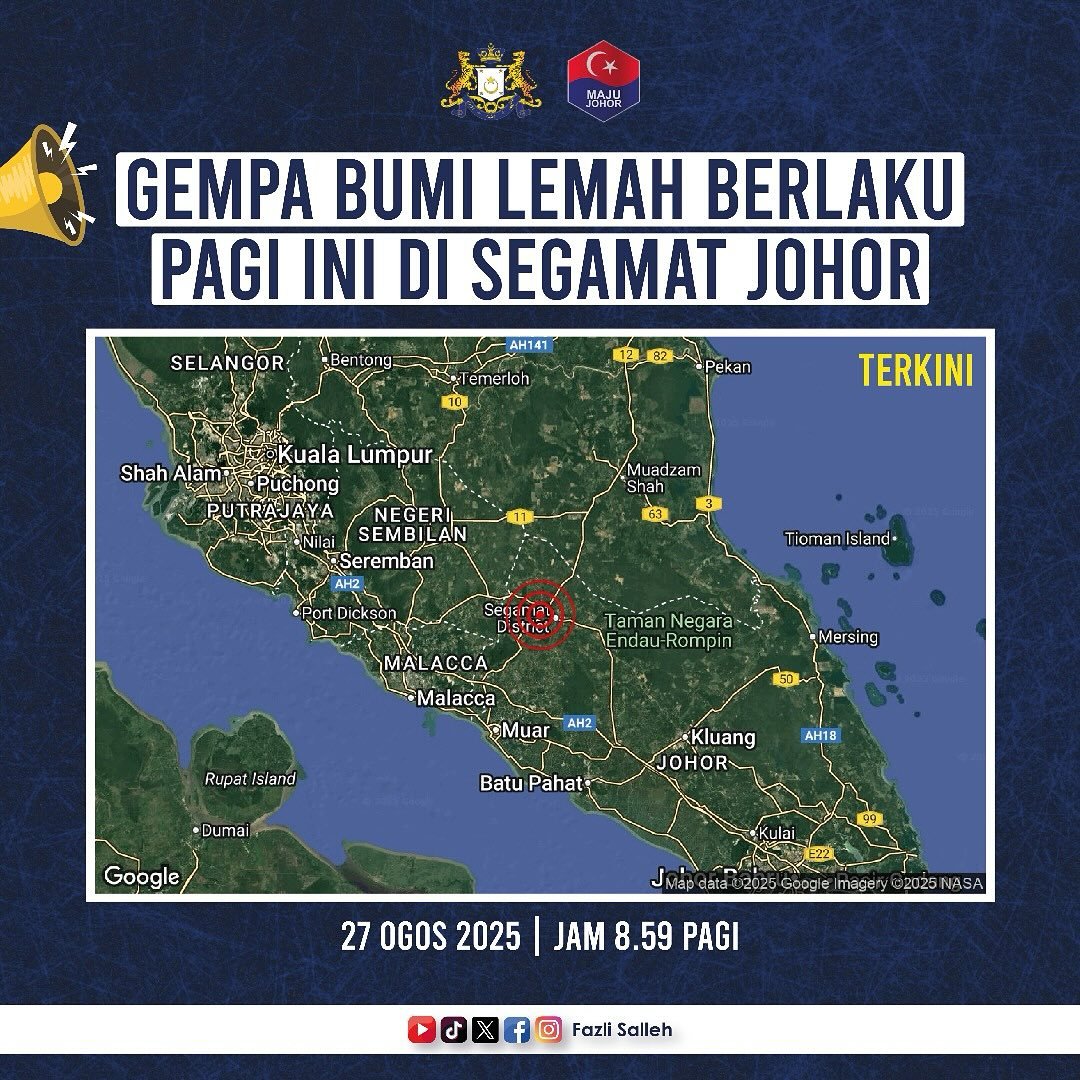 Susulan gempa bumi lemah yang berlaku pagi ini pada butiran berikut :

Masa : 8:59 pagi,
Tarikh : 27 Ogos 2025
Koordinat : 2.33° Utara dan 102.79° Timur
Magnitud : 3.2
Jarak : 18km Selatan Segamat,Johor
Kedalaman : 10 km.

Saya menasihatkan orang ramai agar sentiasa berhati-hati,