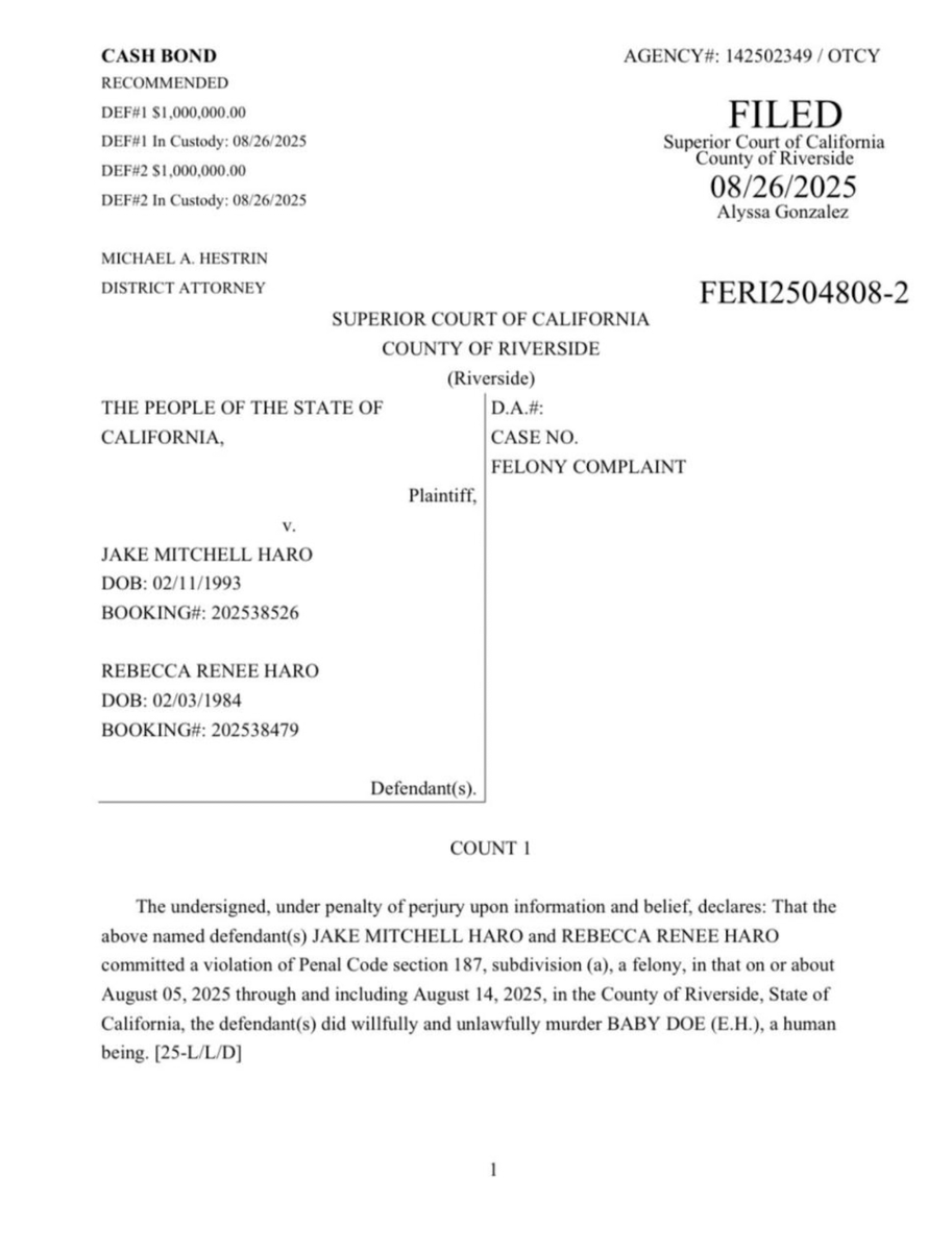 rise4thespiral's tweet photo. Felony Complaint for #JakeHaro and #RebeccaHaro has been released. 
#Arraignment is now scheduled for 9/4/2025 at 8:30am.

#EmmanuelHaro #Riverside #SanBernardino https://t.co/JKn1CkP79n