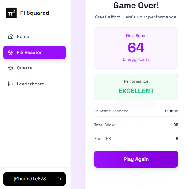 HuyNDVT90's tweet image. Just tried the Reactor Game on Pi²!
🔥 Score: 64 Energy Points
💯 Performance: EXCELLENT
Think you can beat my record? 😉
#PiSquared #Pi2 @pisquared