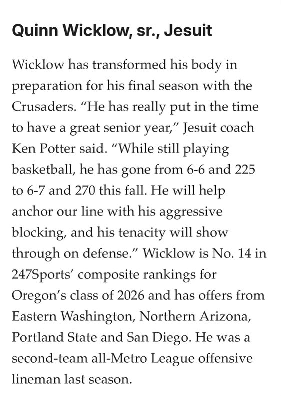 Quinn Wicklow (@qwicklow32) on Twitter photo Amped up to start my senior season. Really appreciate all of the training, input, and support I’ve received over this offseason. I wouldn’t be in this position without so many great coaches and programs <a href="/jhspdxfootball/">Jesuit Crusader Football</a> <a href="/B12PFootball/">Big12Performance</a> <a href="/OAPLC/">Onesimus AP Lutu-Clarke</a> <a href="/CoachRich74/">Rich Moreno</a> <a href="/TitanSCPortland/">Titan Elite Strength & Conditioning</a> <a href="/Coach_JR9/">Jeromy Reichner</a> Amped up to start my senior season. Really appreciate all of the training, input, and support I’ve received over this offseason. I wouldn’t be in this position without so many great coaches and programs <a href="/jhspdxfootball/">Jesuit Crusader Football</a> <a href="/B12PFootball/">Big12Performance</a> <a href="/OAPLC/">Onesimus AP Lutu-Clarke</a> <a href="/CoachRich74/">Rich Moreno</a> <a href="/TitanSCPortland/">Titan Elite Strength & Conditioning</a> <a href="/Coach_JR9/">Jeromy Reichner</a>