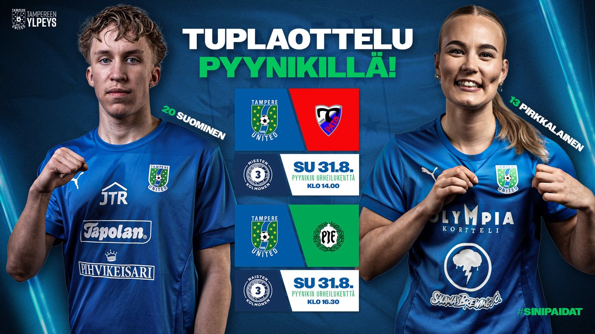 Sunnuntaina Pyynikillä vietetään sinivihreää päivää, sillä TamU pelaa sekä miesten että naisten Kolmosen ottelun.

Ensin klo 14.00 miesten kakkosjoukkue kohtaa Tervakosken Padon. Sitten klo 16.30 naisten edustus kohtaa kärkipään kamppailussa Pargas IF:n. Vapaa pääsy!

#sinipaidat