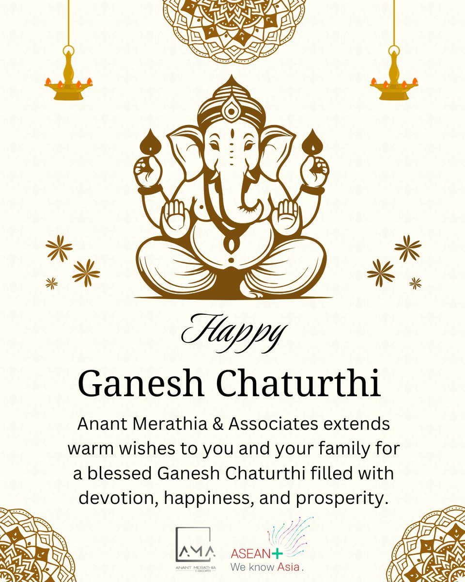 AnantMerathiaA's tweet photo. On this auspicious occasion, Anant Merathia &amp; Associates extends heartfelt wishes to you and your family. May Lord Ganesha bless you with wisdom, prosperity, and happiness.

#ganeshchaturthi2025 #ganpatibappamory #festivewishes #anantmerathiaassociates #blessingsofganesha https://t.co/06gzvsfqMu