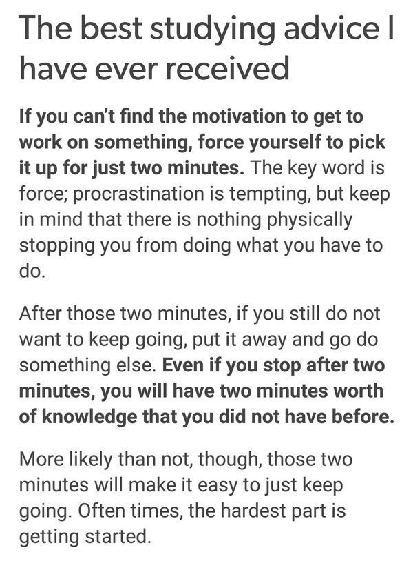 The_YUNiversity's tweet image. Best study hack: commit to just 2 minutes.

Open the book, read a little, and if you stop—you still learned something.

But chances are, those 2 minutes turn into more. 📚⏳

[Source: tinyurl.com/y4cds5q2]

#StudyTips