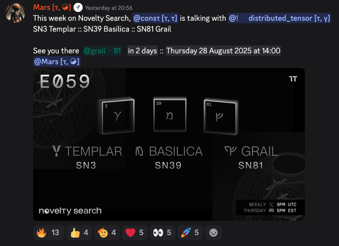 michaeltaolor's tweet photo. 🔍 Novelty Search Guest Detected
This week's Novelty Search, hosted by @const_reborn, will feature guest @DistStateAndMe, custodian of three Bittensor subnets:
• Templar Subnet 3 (@tplr_ai) #SN3
• Basilica Subnet 39 #SN39
• Grail Subnet 81 #SN81
🔗Discord Event - Aug 28: https://t.co/X0F6aKgfE8