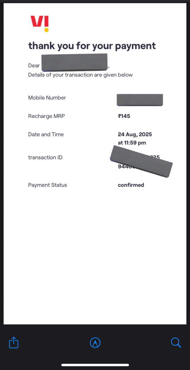 artlessad's tweet image. @ViCustomerCare I recharged ₹145 (1GB/day – 28 days) via FamApp on 24 Aug 2025. 
Payment was confirmed but the pack is still not credited. 
I’ve proof from both FamApp &amp;amp; VI receipts. Please resolve this urgently. 
#VIRechargeIssue
