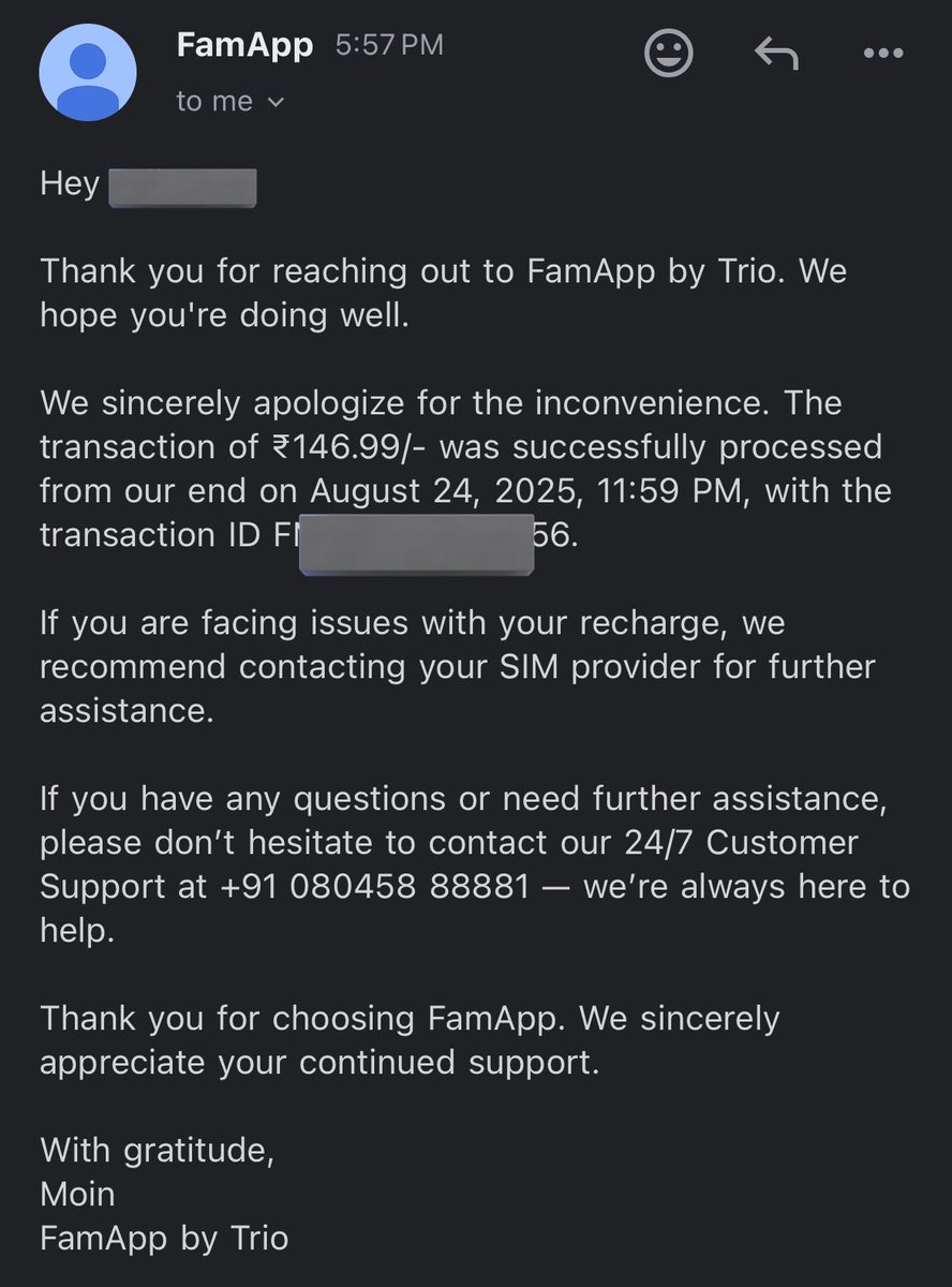 artlessad's tweet image. @ViCustomerCare I recharged ₹145 (1GB/day – 28 days) via FamApp on 24 Aug 2025. 
Payment was confirmed but the pack is still not credited. 
I’ve proof from both FamApp &amp;amp; VI receipts. Please resolve this urgently. 
#VIRechargeIssue