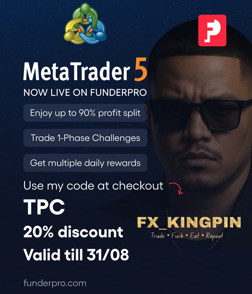 TheProfiteer01's tweet image. 💀 The game just leveled up…
MetaTrader 5 is LIVE on FunderPro 🔥

Use my code TPC at checkout &amp;amp; snatch 20% OFF (valid till 31/08).

Don’t just trade… Dominate. 🥷

👉🏻 funderpro.cxclick.com/visit/?bta=352…

#FunderPro #MetaTrader5 #PropFirmLife #TradeRepeat