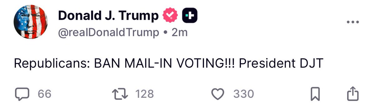 BREAKING 🚨 At 12:45 AM President Trump calls on EVERY Republican to “BAN MAIL-IN VOTING”

MAGA NEEDS TO STOP THE FUTURE STEAL

TIME TO GET LOUD MAGA 🔥