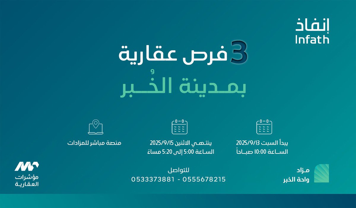 شركة مؤشرات العقارية (@muashiratsa) on Twitter photo تعلن شركة مؤشرات العقارية عن البيع بالمزاد العلني #واحة_الخبر
بإشراف مركز الإسناد والتصفية #إنفاذ وبقرار من محكمة التنفيذ
3 عقارات مميزة بمدينة الخبر
يُقام المزاد إلكترونياً عبر منصة مباشر للمزادات
الكُتيب
drive.google.com/file/d/1oq1o-Y…
للتواصل
0533373881
<a href="/infathAuctions/">مزادات إنفاذ</a>
<a href="/infath_sa/">مركز الإسناد والتصفية - إنفاذ</a> تعلن شركة مؤشرات العقارية عن البيع بالمزاد العلني #واحة_الخبر
بإشراف مركز الإسناد والتصفية #إنفاذ وبقرار من محكمة التنفيذ
3 عقارات مميزة بمدينة الخبر
يُقام المزاد إلكترونياً عبر منصة مباشر للمزادات
الكُتيب
drive.google.com/file/d/1oq1o-Y…
للتواصل
0533373881
<a href="/infathAuctions/">مزادات إنفاذ</a>
<a href="/infath_sa/">مركز الإسناد والتصفية - إنفاذ</a>