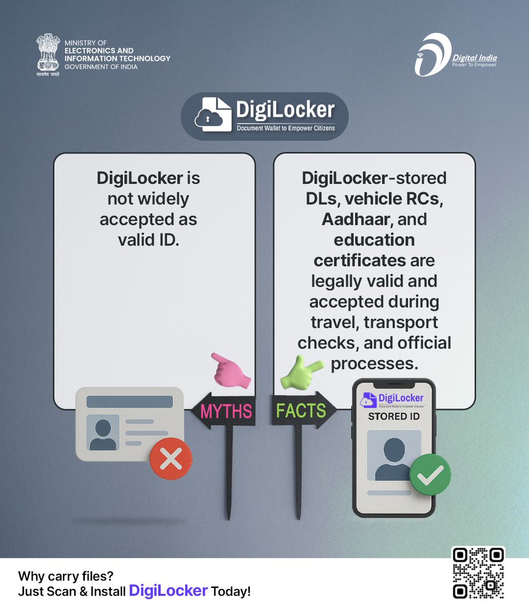 GoI_MeitY's tweet image. Curious about DigiLocker?

Let’s set the record straight.

Swipe through our myth-busting carousel to discover how DigiLocker is transforming document management for all citizens.

#DigiLocker #DigitalIndia #MythVsFact

@digilocker_ind