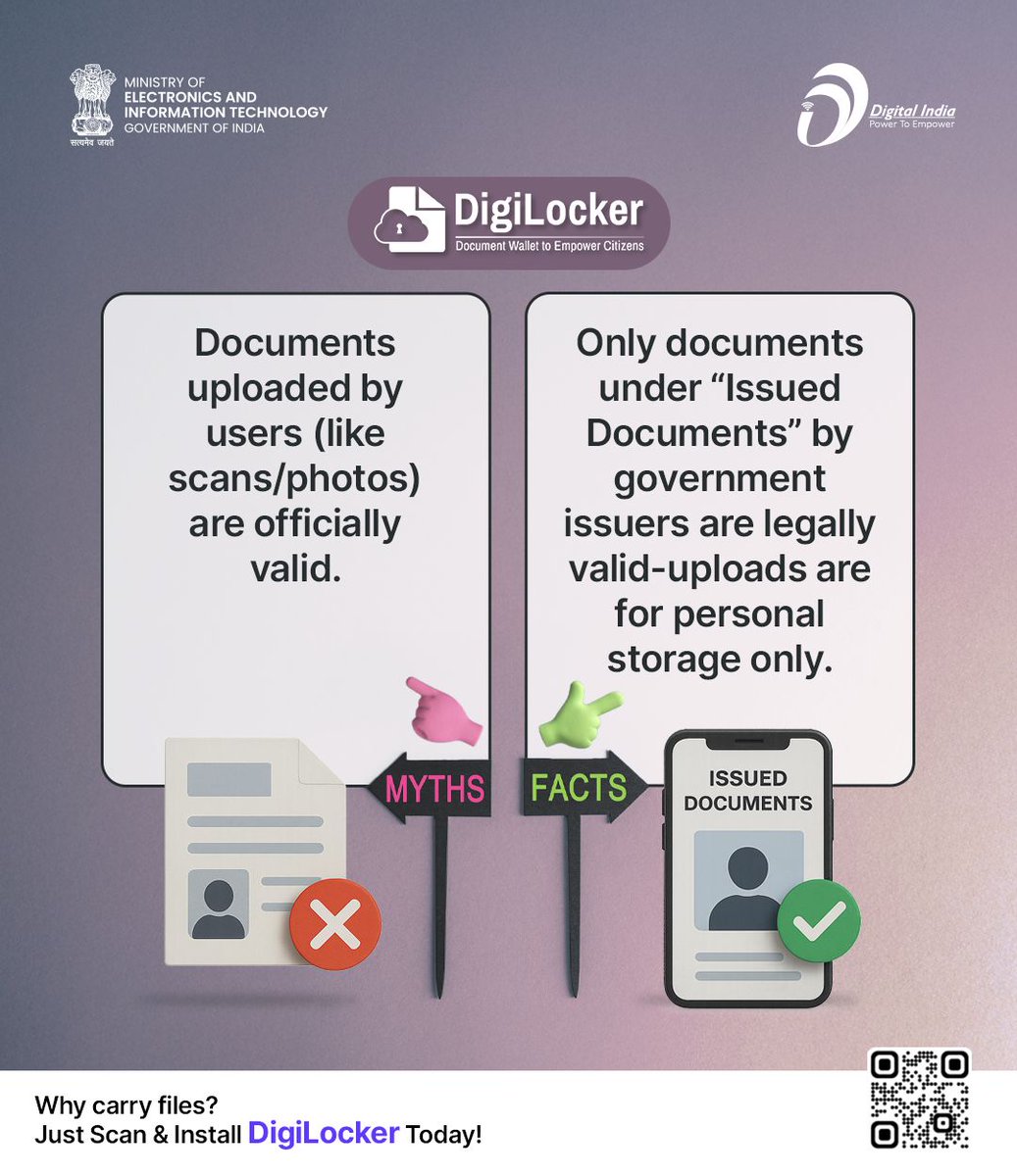 _DigitalIndia's tweet image. Curious about DigiLocker? 

Let’s set the record straight.

Swipe through our myth-busting carousel to discover how DigiLocker is transforming document management for all citizens.

#DigiLocker #DigitalIndia #MythVsFact 

@digilocker_ind
