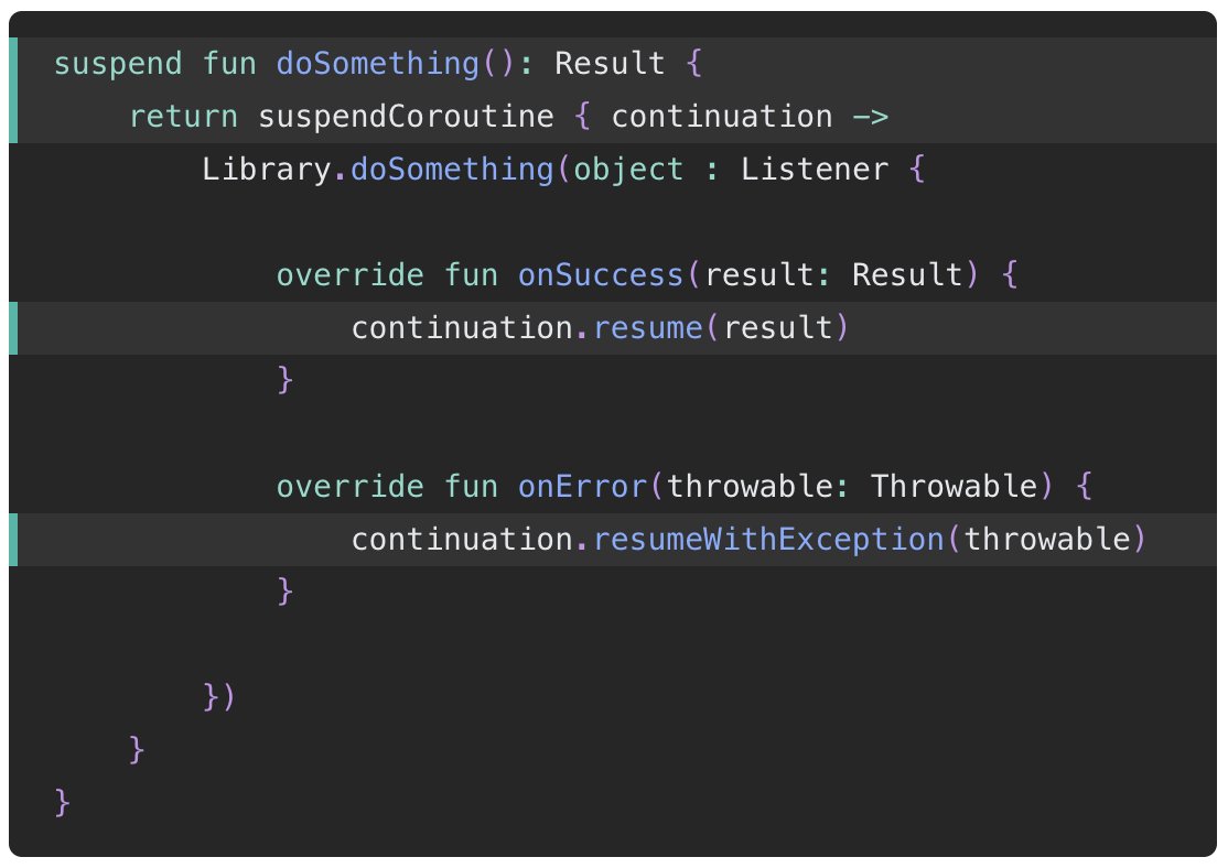 outcome_school's tweet image. Steps to convert any callback to Coroutines in Kotlin.
• Create a suspend function to return the Result.
• Use suspendCoroutine as the return block.
• Use continuation.resume(result) for the success.
• Use continuation.resumeWithException(throwable) for the error.
#Kotlin