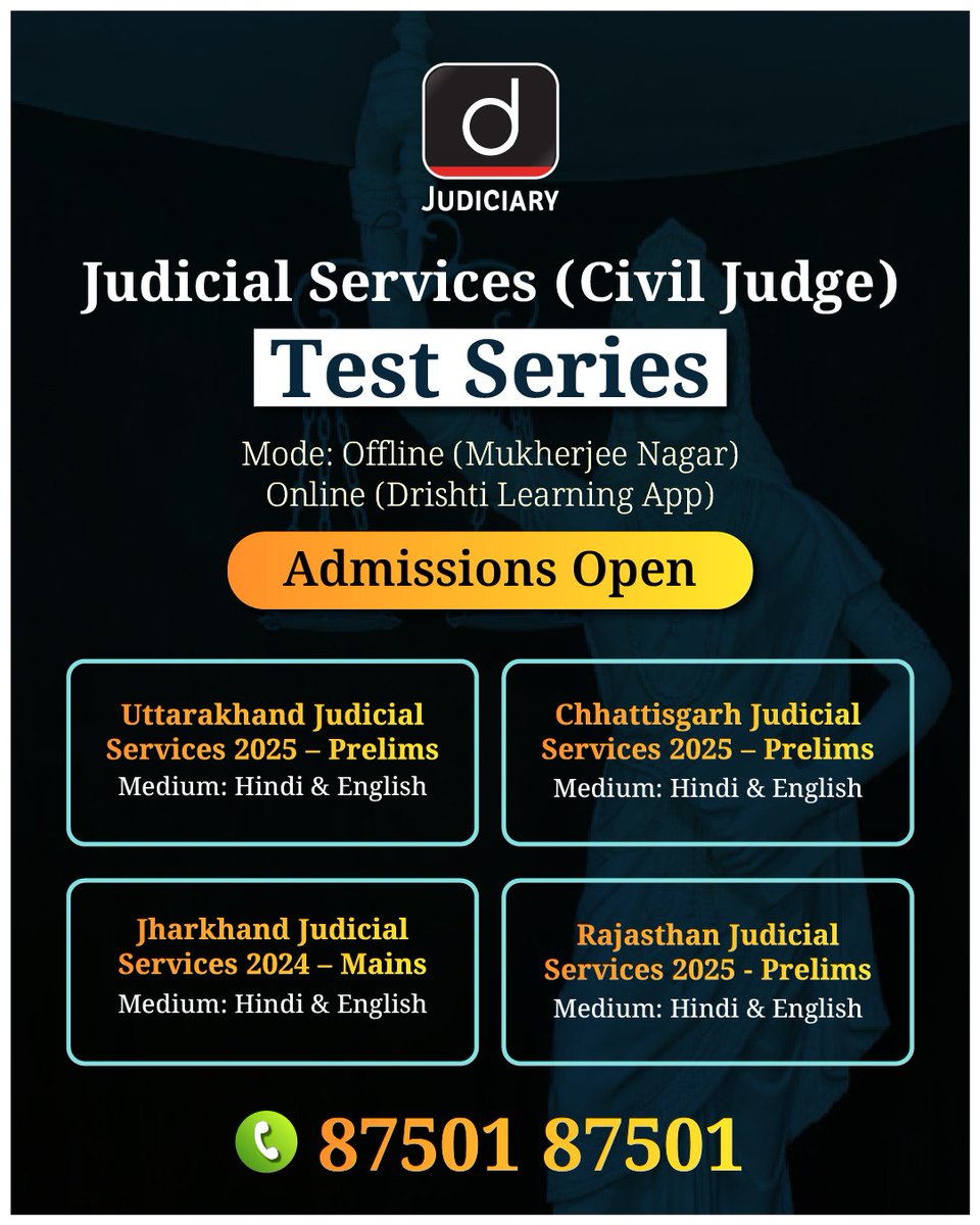 's tweet image. Judicial Services (Civil Judge) Test Series
.
For more details click here : drishti.xyz/Judiciary-Cour…
.
#HimachalPradesh #Uttarakhand #CivilJudge #Jharkhand #Chhattisgarh #TestSeries #DrishtiJudiciary