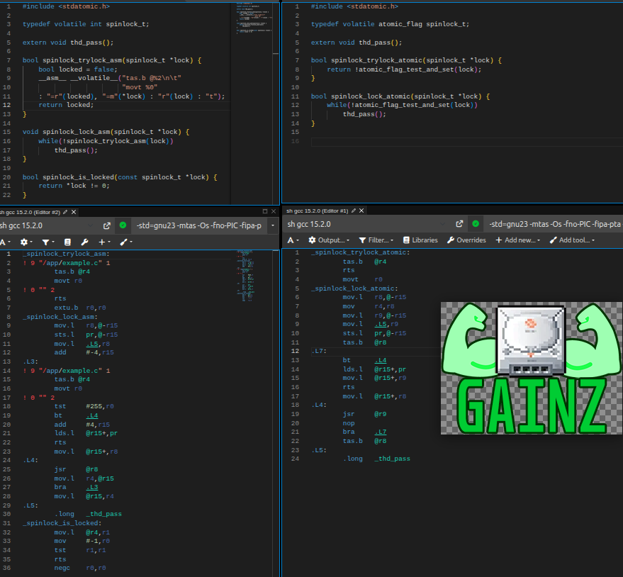 Just managed to get some decent perf gainz for KallistiOS's spinlocks on the Sega Dreamcast's SH4 CPU while reworking our kernel's implementation to add support for the Nintendo Gamecube's PowerPC CPU.

This is actually a scenario where it's better to work with your C compiler