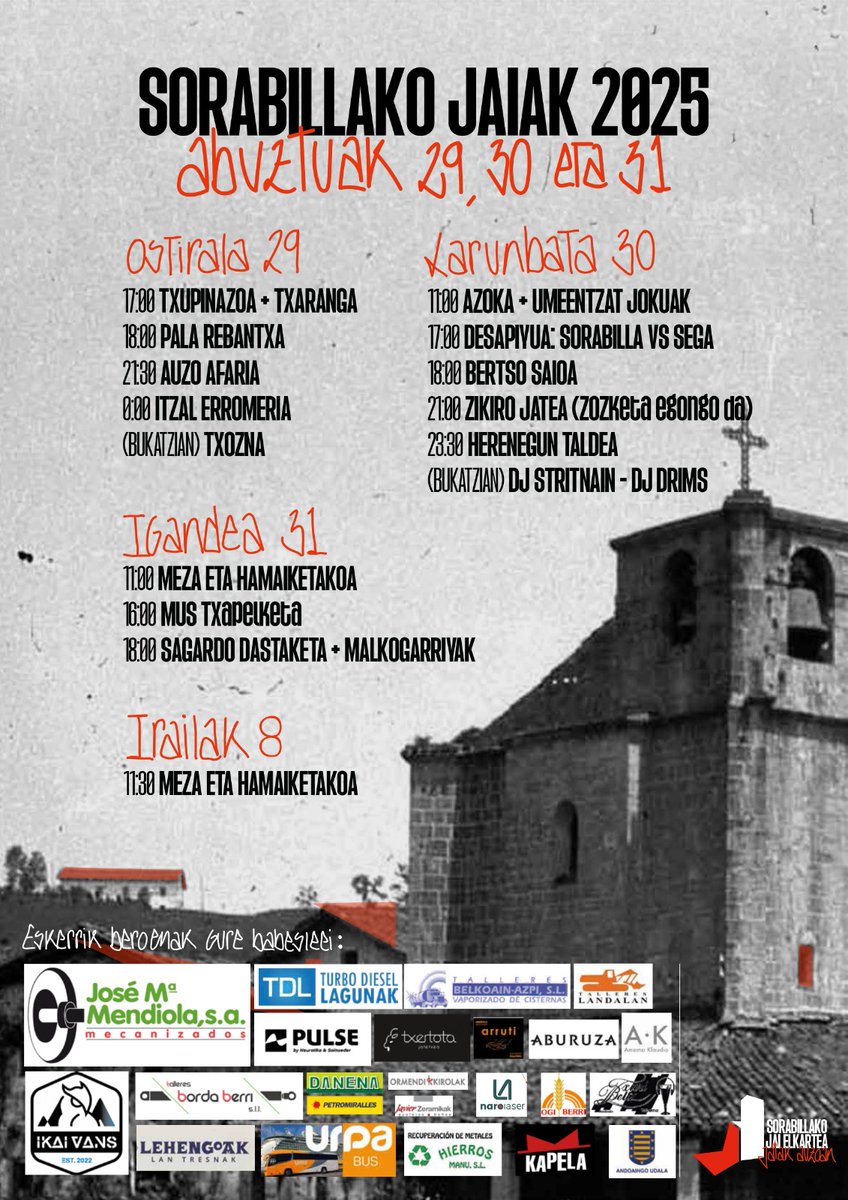 🎉 Sorabillako festak ate joka daude!

👉 Egitaraua: labur.eus/lwa1hpmx

----

🎉 ¡Las fiestas de Sorabilla están a la vuelta de la esquina!

👉 Programa: labur.eus/lwa1hpmx

#andoain #andoainbizitzeko