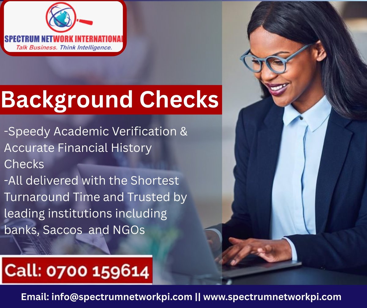 SpectrumNetwor4's tweet image. Spectrum Network International helps you confirm school records and financial history quickly and accurately. Trusted by banks, SACCOs, and NGOs. Call 0700 159614 for fast and reliable background checks.#BackgroundChecks
#TrustedVerification
#SecureWithSpectrum