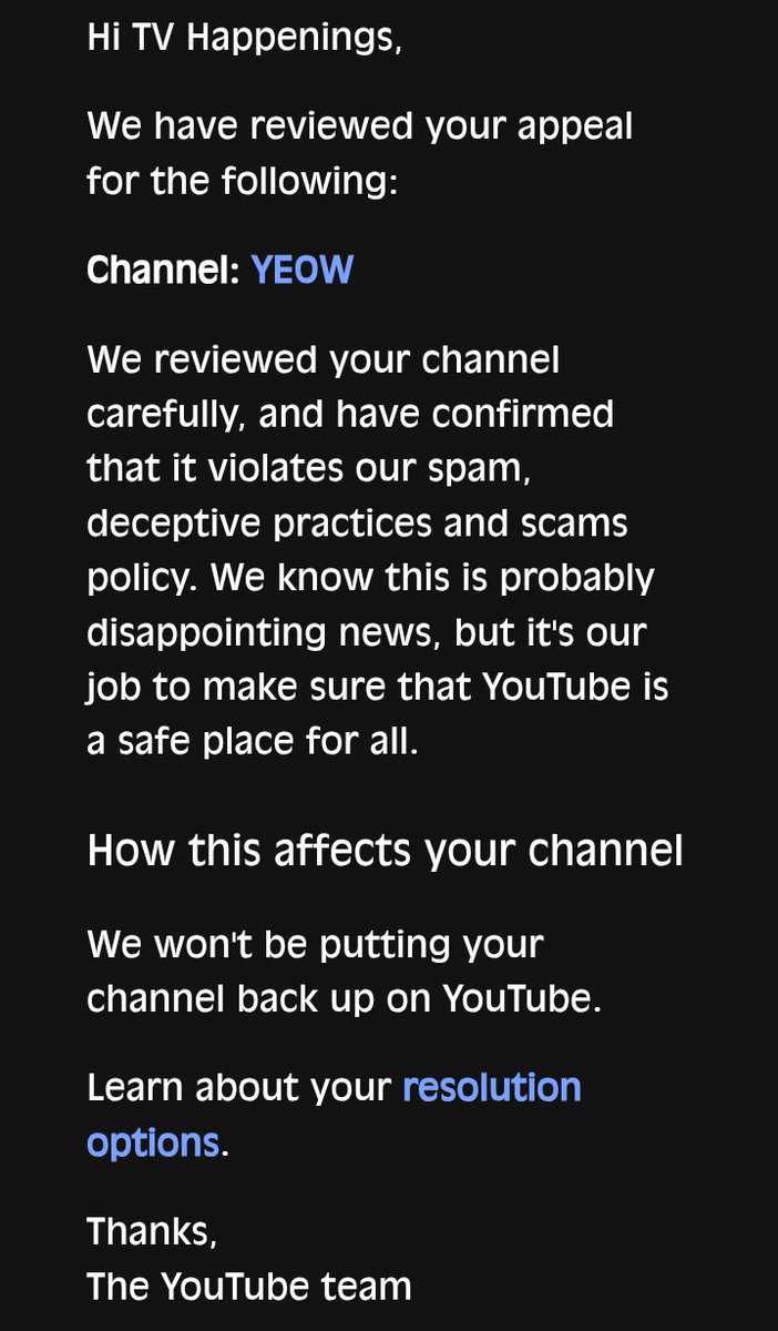 magic_971's tweet photo. @YouTubeCreators @YouTube After appealing that the given action to the account is a mistake, the channel was later reinstated, but on this day, the YouTube account of my friend has been taken down and he was given no options but resolution options on what is to occur post-account takedown. https://t.co/LcLclocrPV